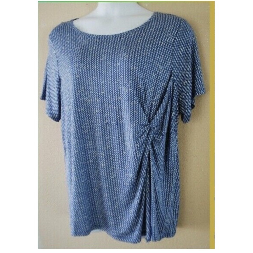 Croft & Barrow Womens Blue White Geometric Print Side Knot Twist Short Sleeve